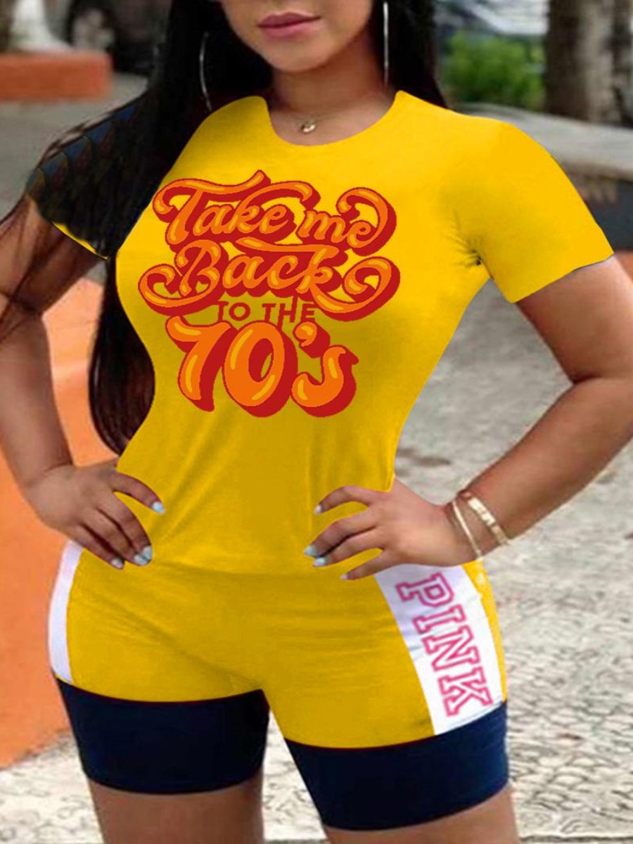 

LW Plus Size Round Neck Letter Print T-shirt, Yellow