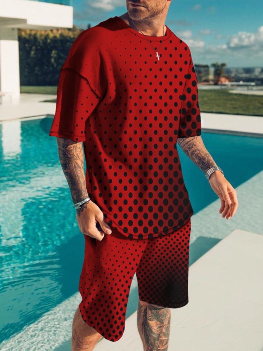 

LW BASICS Men Round Neck Dot Print Shorts Set, Red