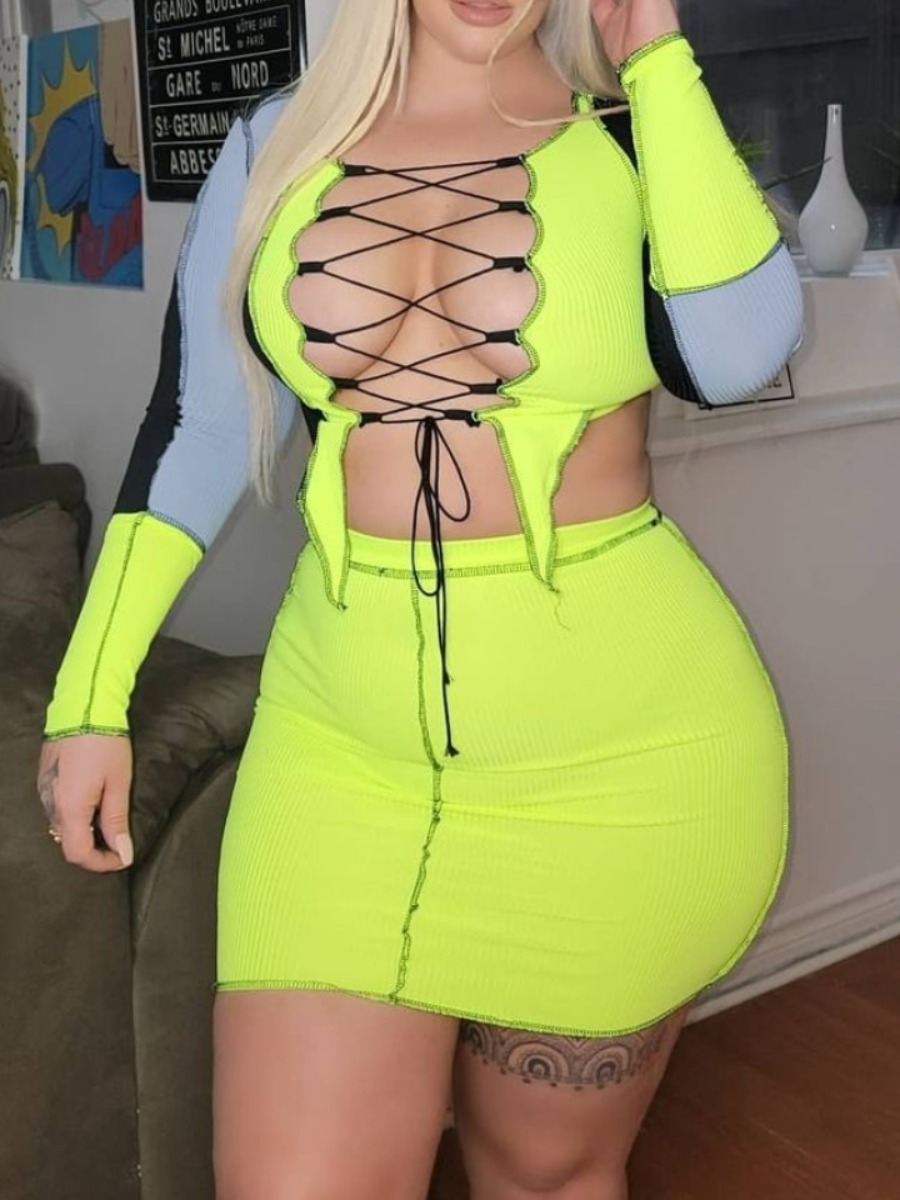 

LW Plus Size Bandage Hollow-out Design Skirt Set, Light yellow