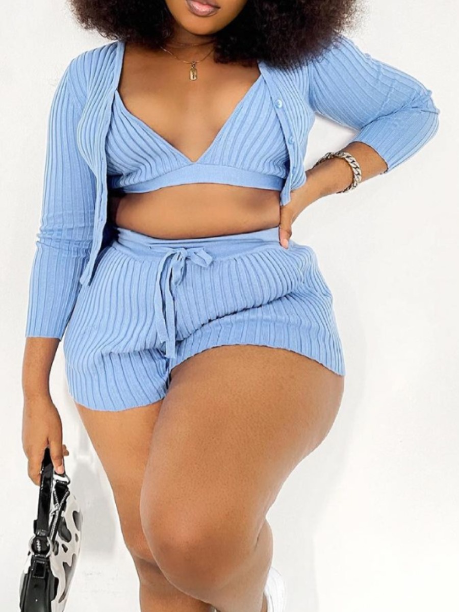 

LW Plus Size Pit Strip Drawstring Three-piece Shorts Set, Baby blue