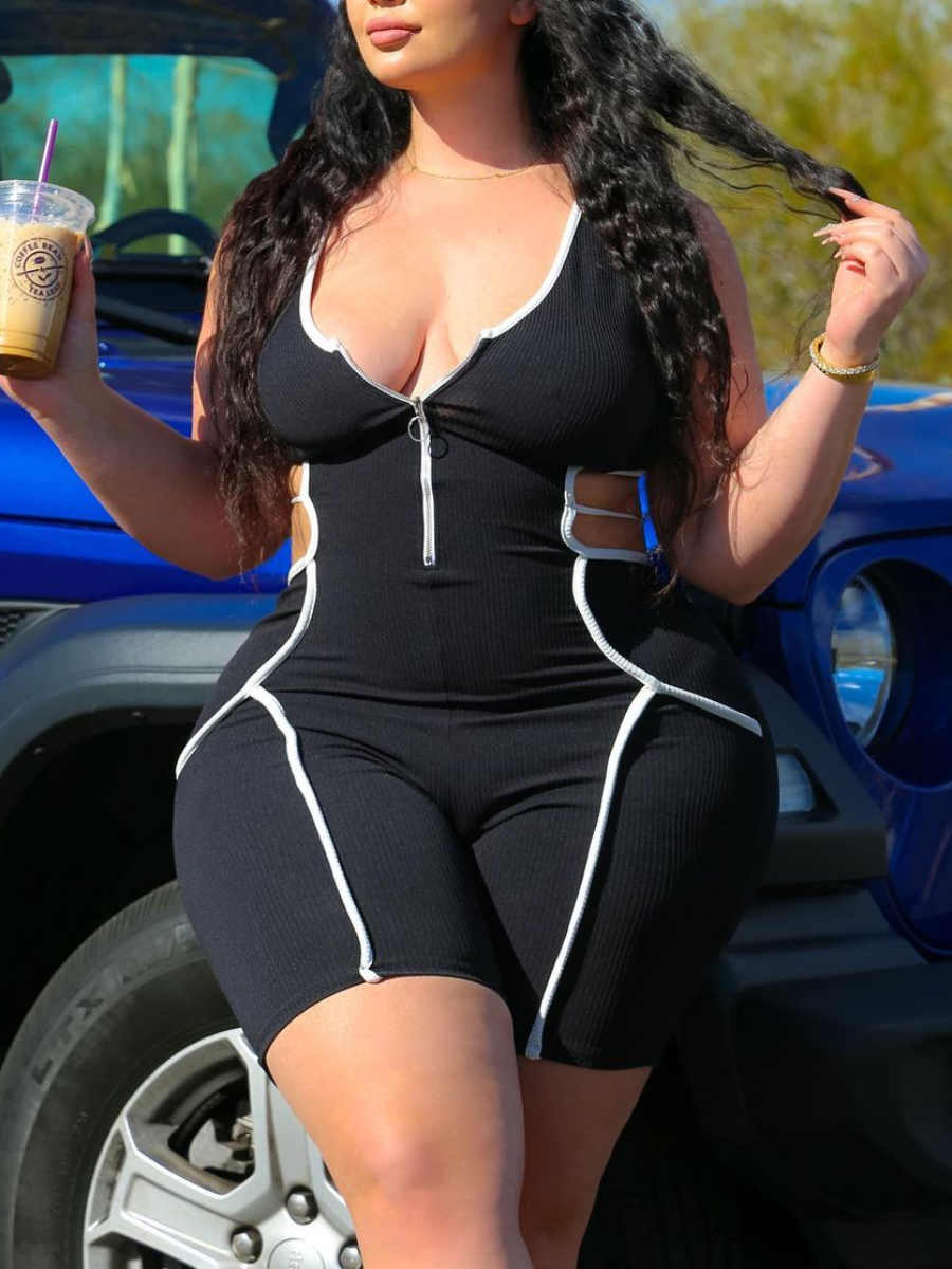 LW Plus Size Street Striped Hollow-out Black One-piece Romper