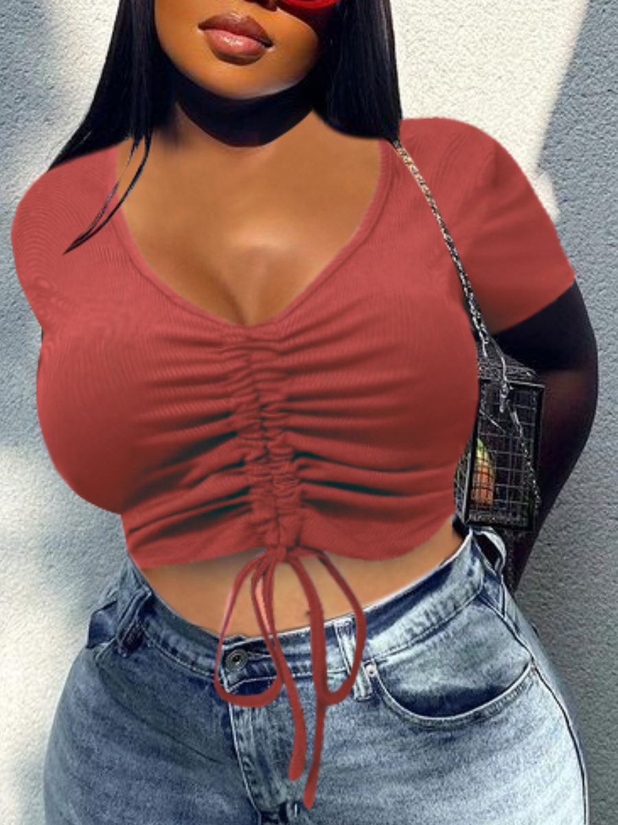 

LW Plus Size Rib-Knit Drawstring Ruched T-shirt, Wine red