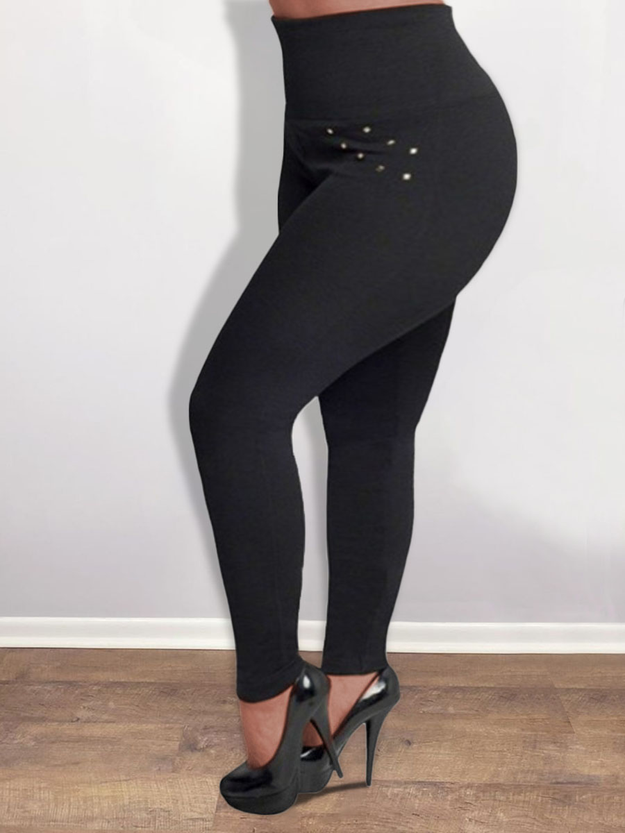 

LW Plus Size High-waisted Rivet Decor Pants, Black