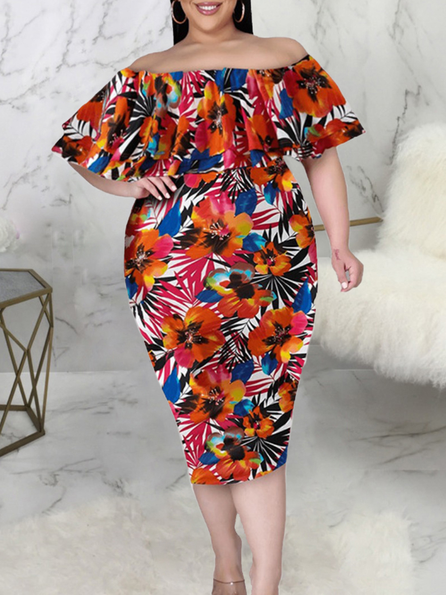 

LW Plus Size Floral Print Flounce Design Bodycon Dress, Multi