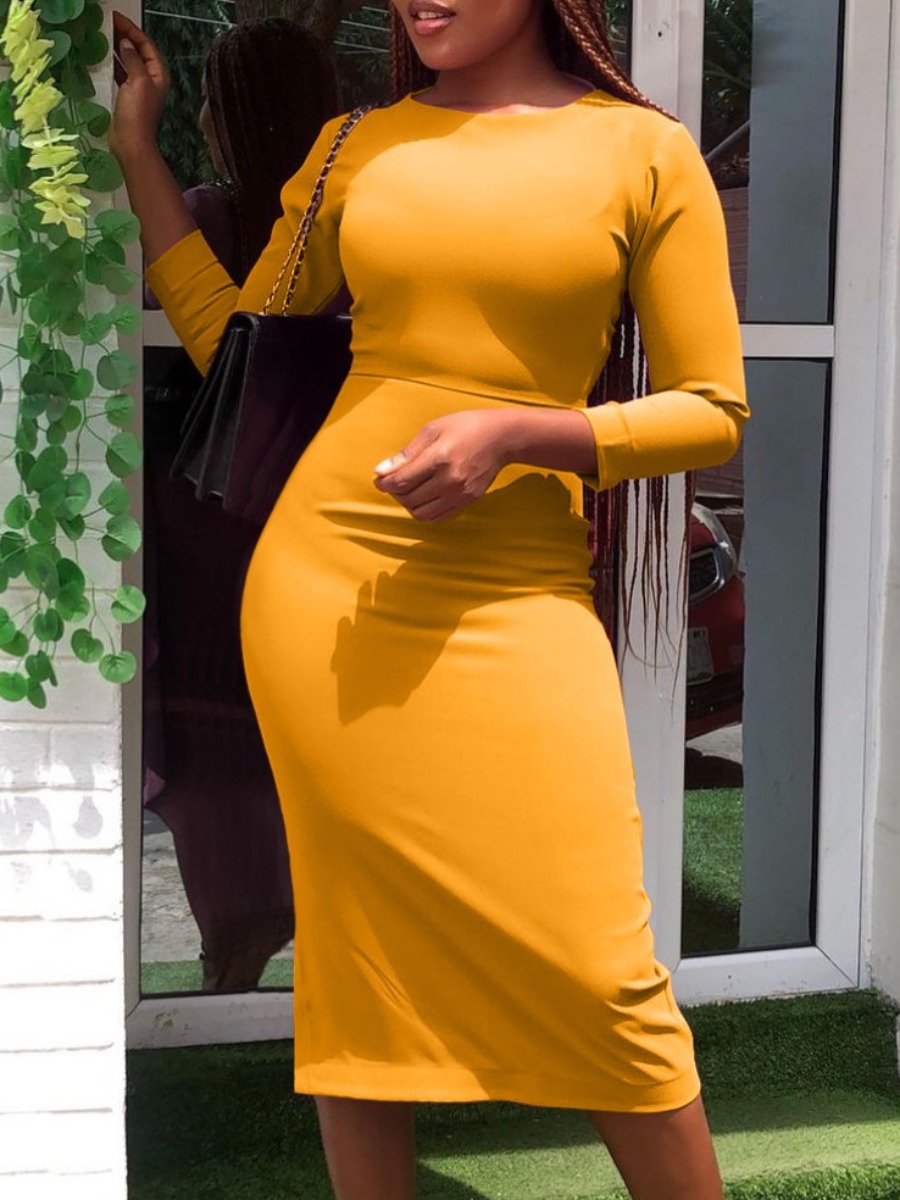 LW Round Neck Bodycon Dress, Orange yellow