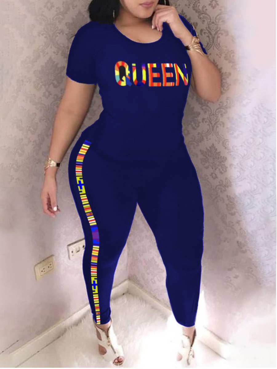 LW Plus Size Queen Letter Print Striped Pants Set