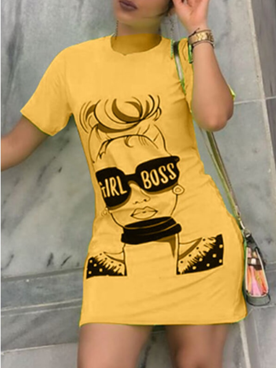 LW Casual O Neck Printed Yellow Mini Dress