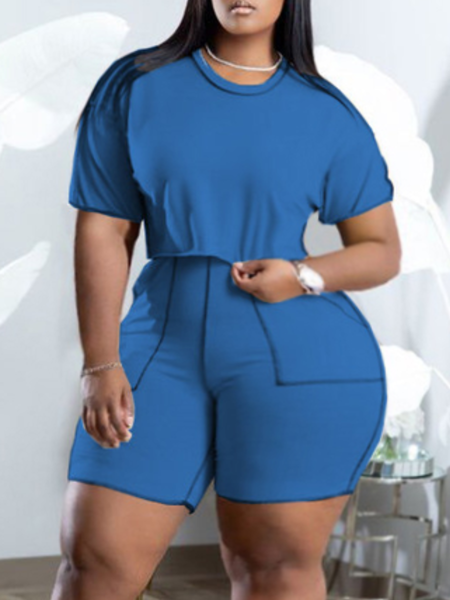 

LW Plus Size Round Neck Crop Top Shorts Set, Skyblue