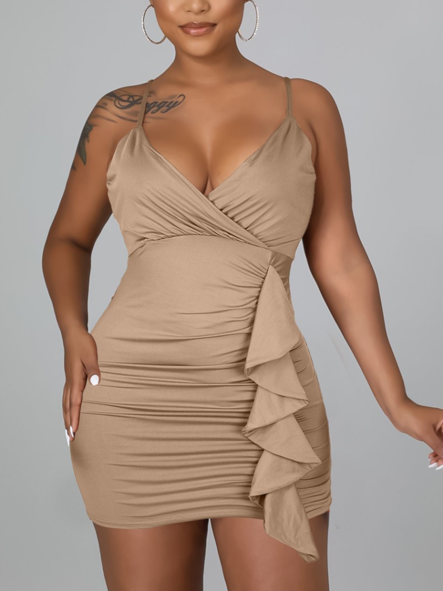 

LW Flounce Design Cami Ruched Dress, Khaki