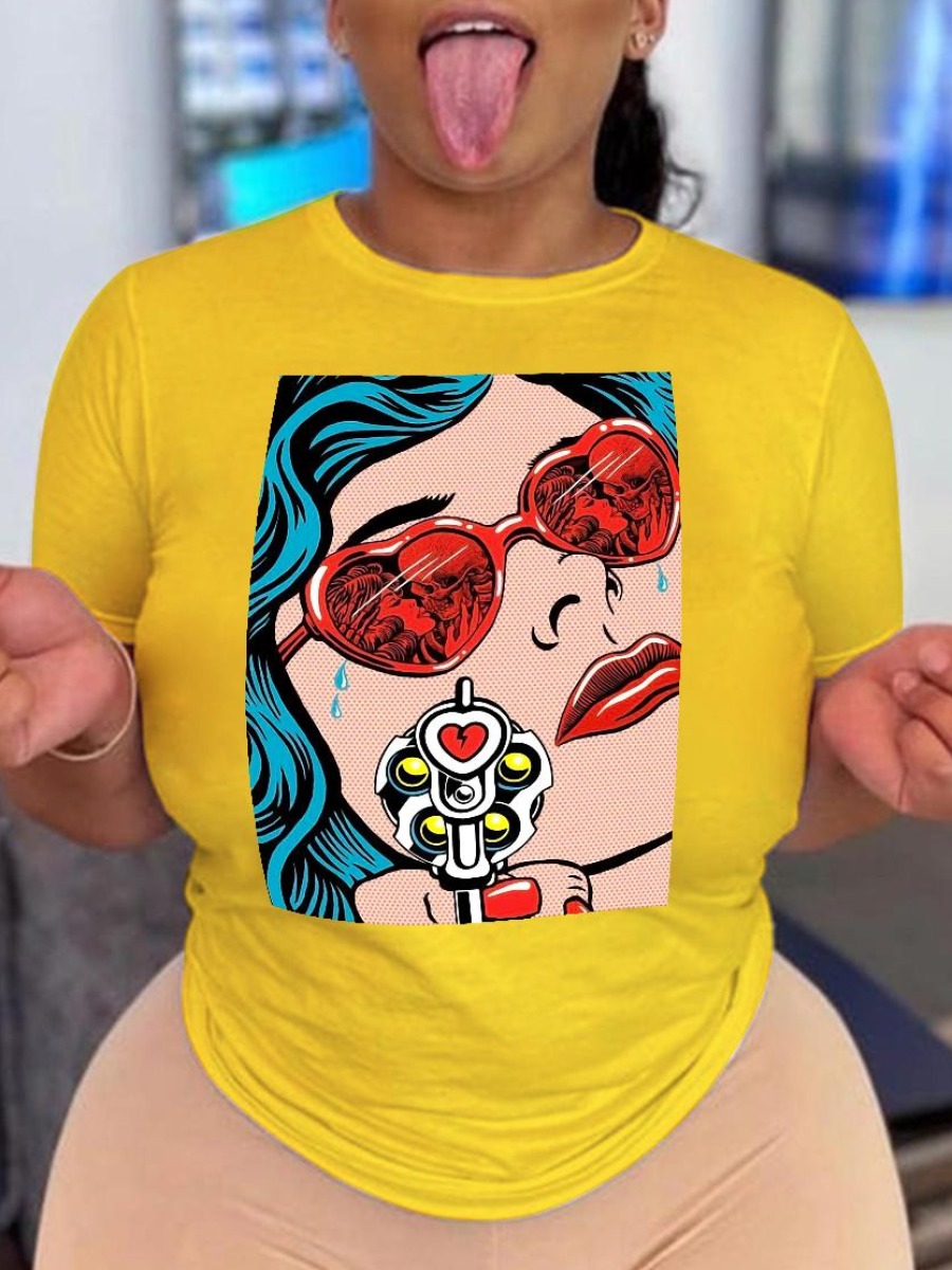 

LW Plus Size Figure Print Patchwork T-shirt, Yellow