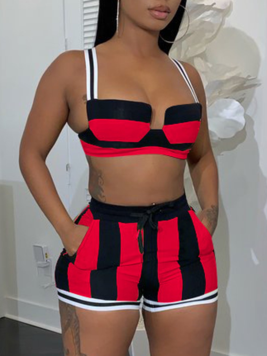 LovelyWholesale SXY Striped Drawstring Shorts Set Summer Sleeveless Sxy Basic Spaghetti Strap Spring Summer 2024
