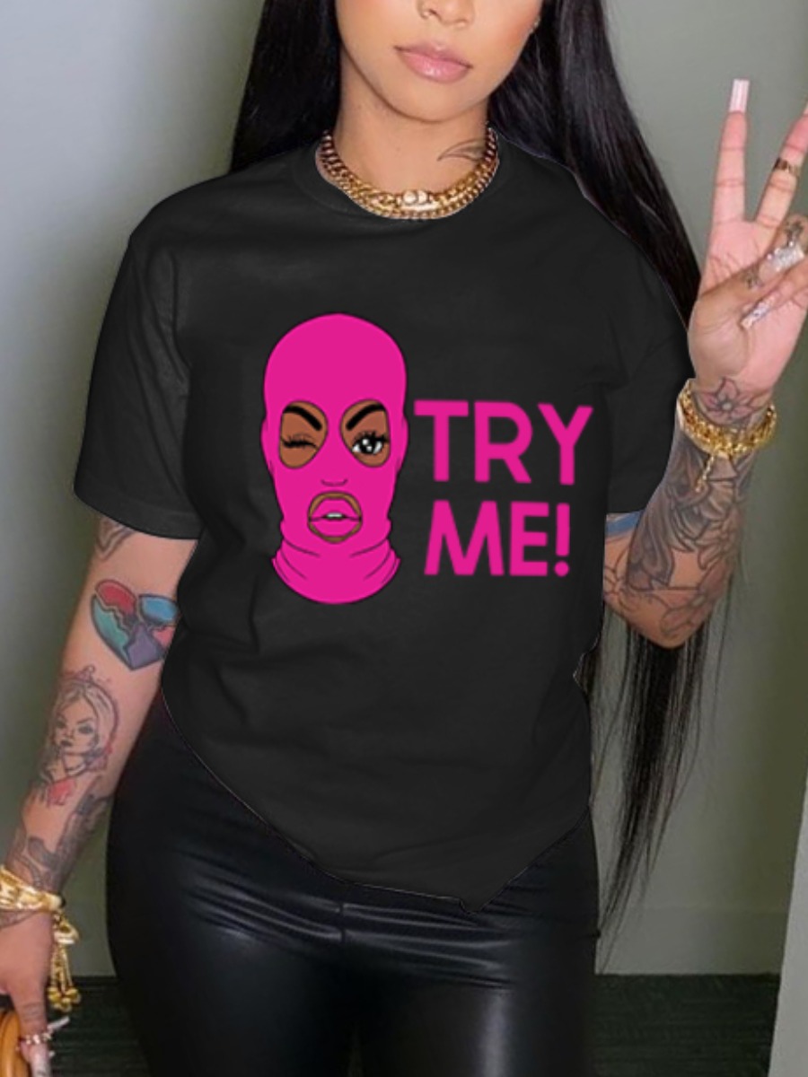 LovelyWholesale Masked Face Letter Print T-shirt Summer Short Sleeve Casual Basic Round Neck Spring Summer 2024