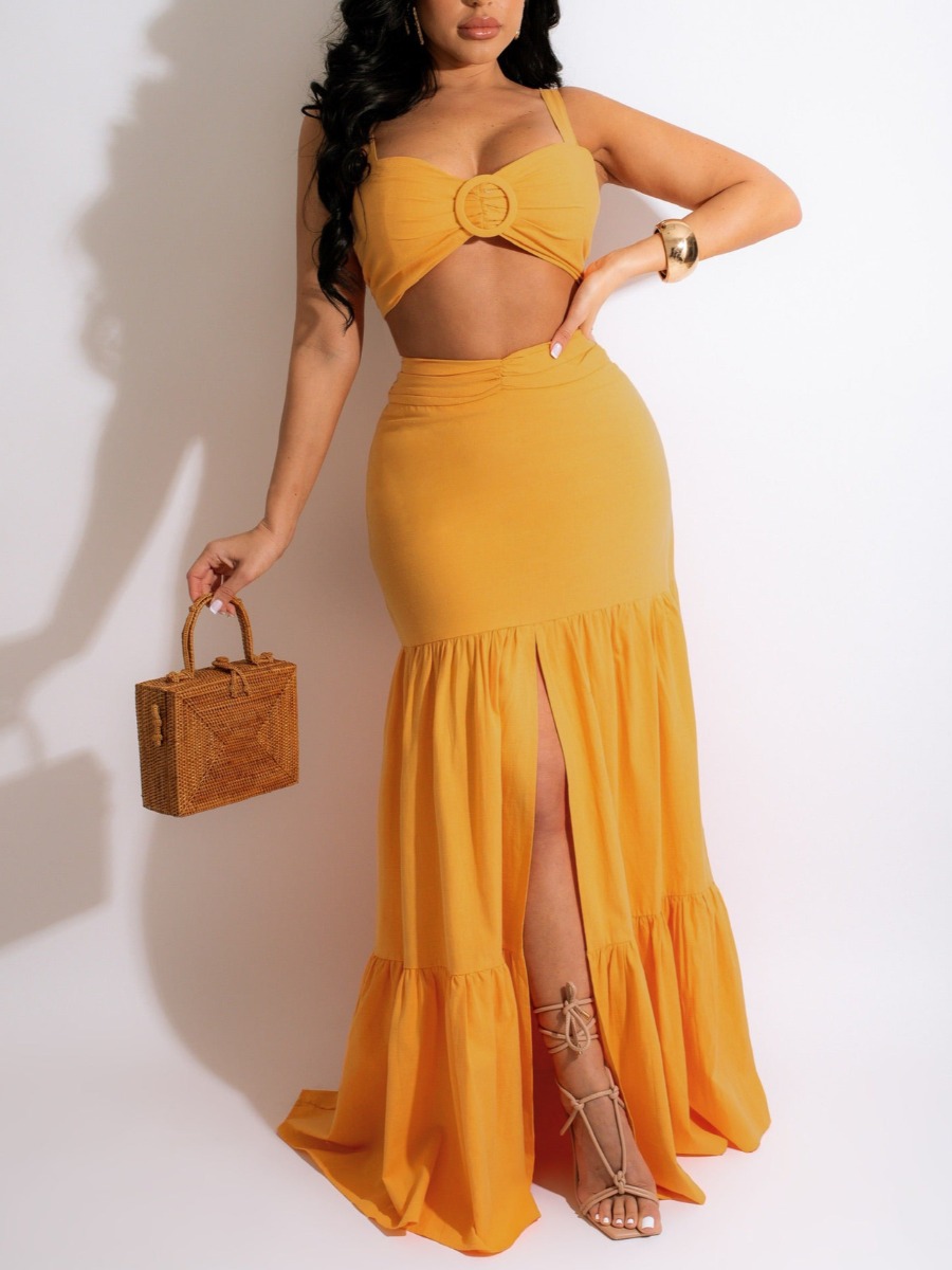 

LW Ruffle Bandage Design Slit Skirt Set, Yellow