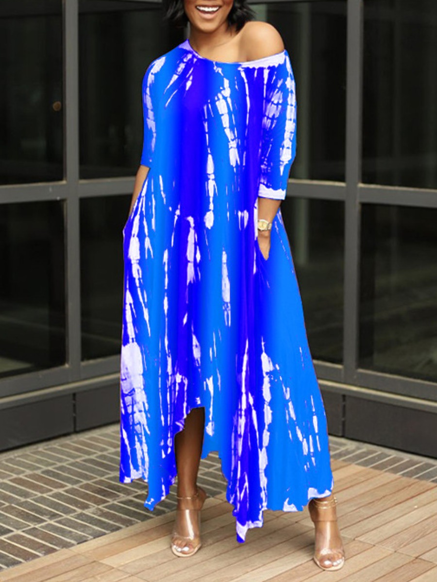 

LW Boat Neck Tie-dye Loose Dress, Blue