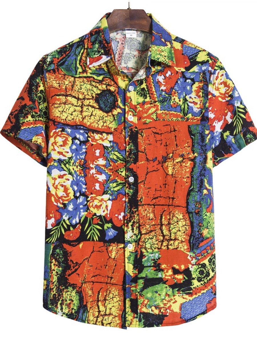 

LW COTTON Men Floral Print Patchwork Shirt, Golden yellow