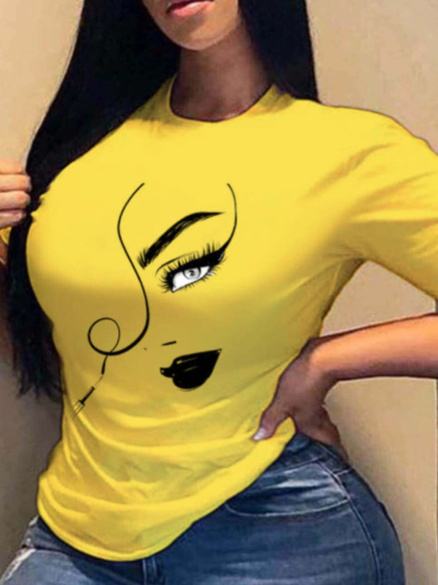 

LW Plus Size Lip Eye Print T-shirt, Yellow