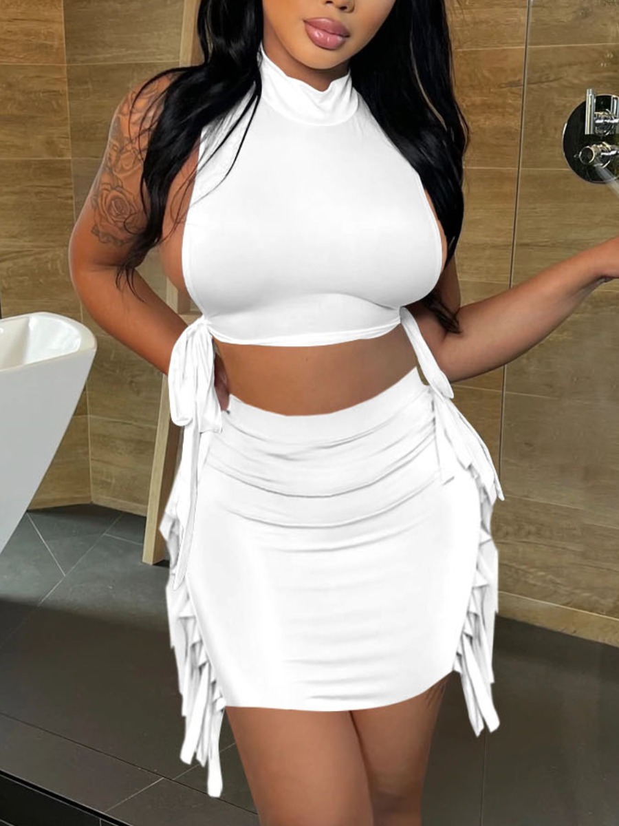 

LW Tassel Bandage Design Skirt Set, White