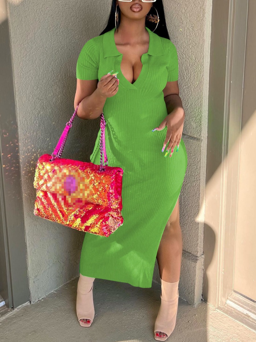 

LW Rib-Knit Thigh Slit Dress, Light green