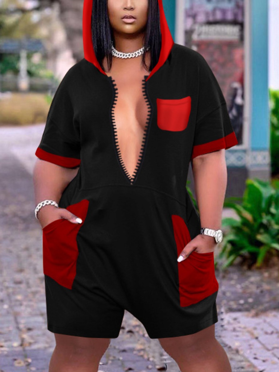 

LW Plus Size Hooded Collar Patchwork Romper, Black