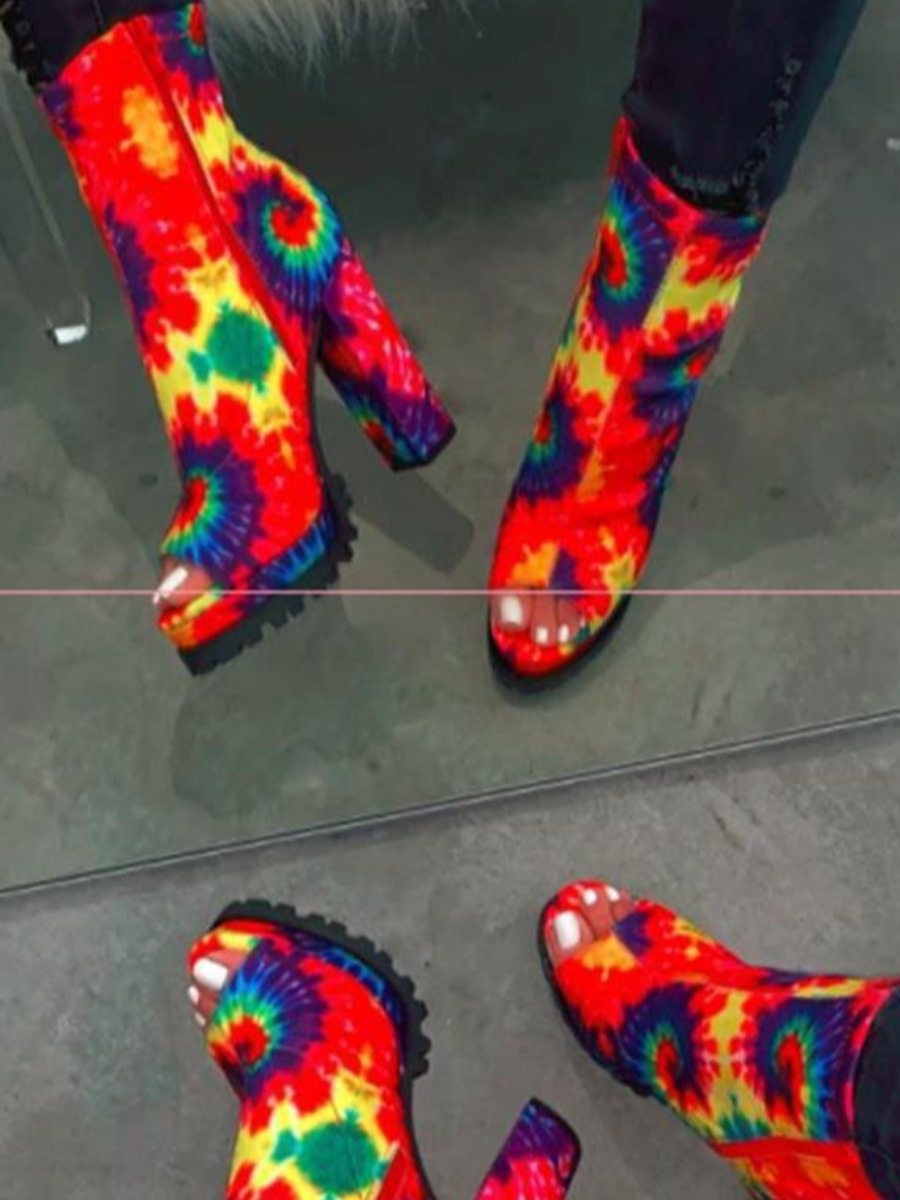 

LW Tie-dye Zipper Design Booties, Orange red