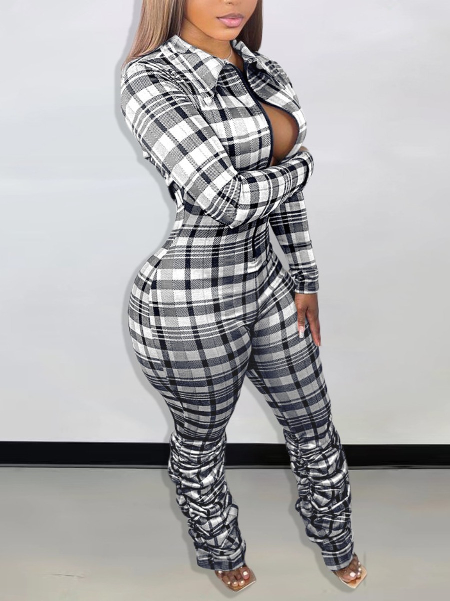 LW Plaid Print Fold Design Jumpsuit