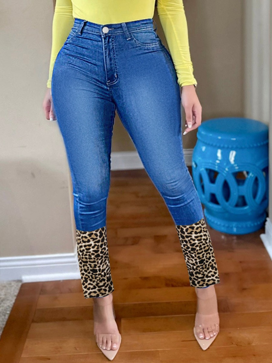 

LW Leopard Print Medium Stretchy Jeans, Blue