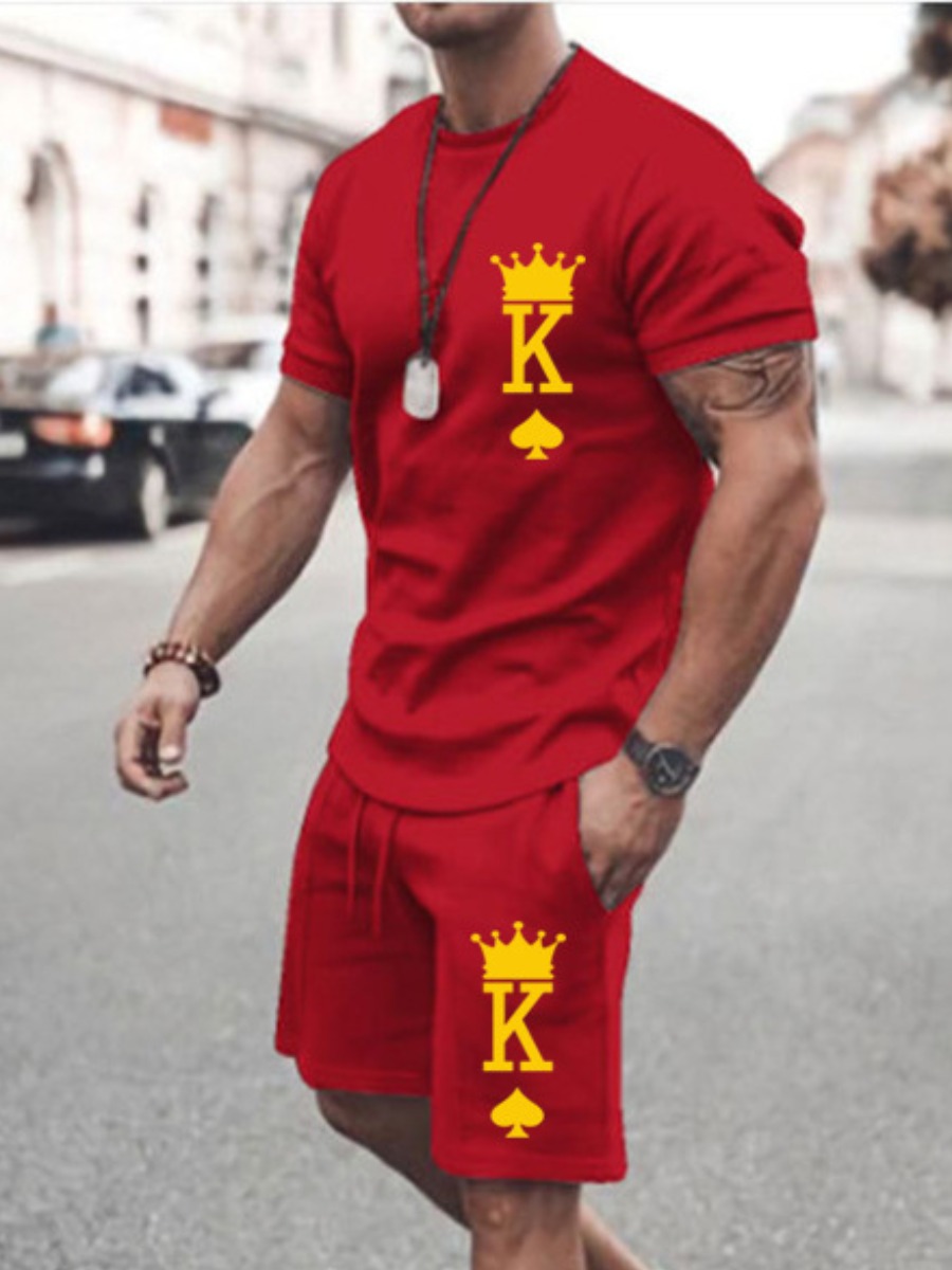 

LW Men King Letter Print Shorts Set, Red