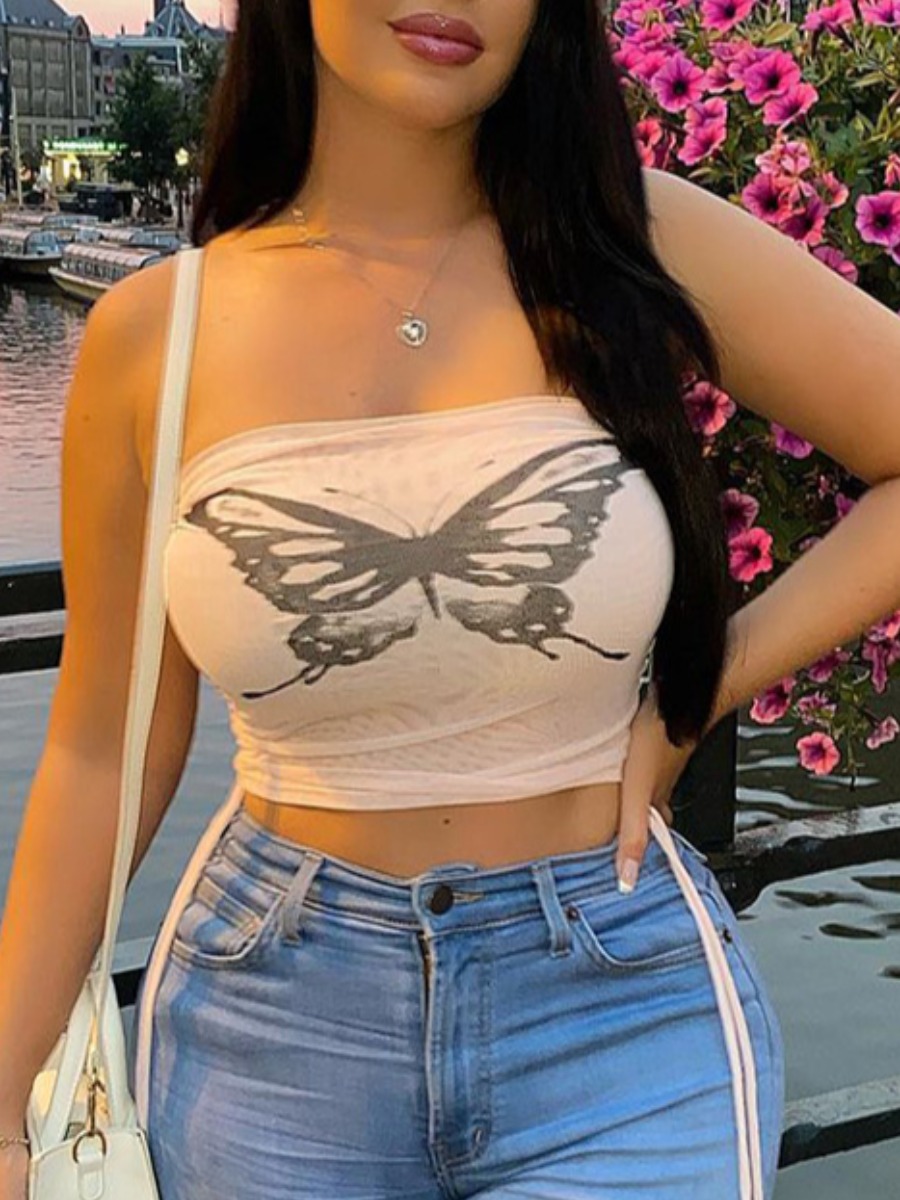 

LW Butterfly Print Drawstring Camisole, Light pink