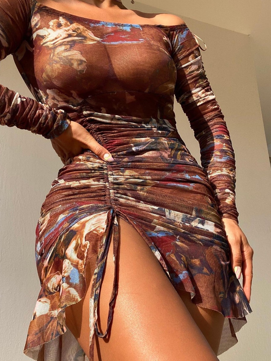

LW See-through Drawstring Ruched Dress, Brown