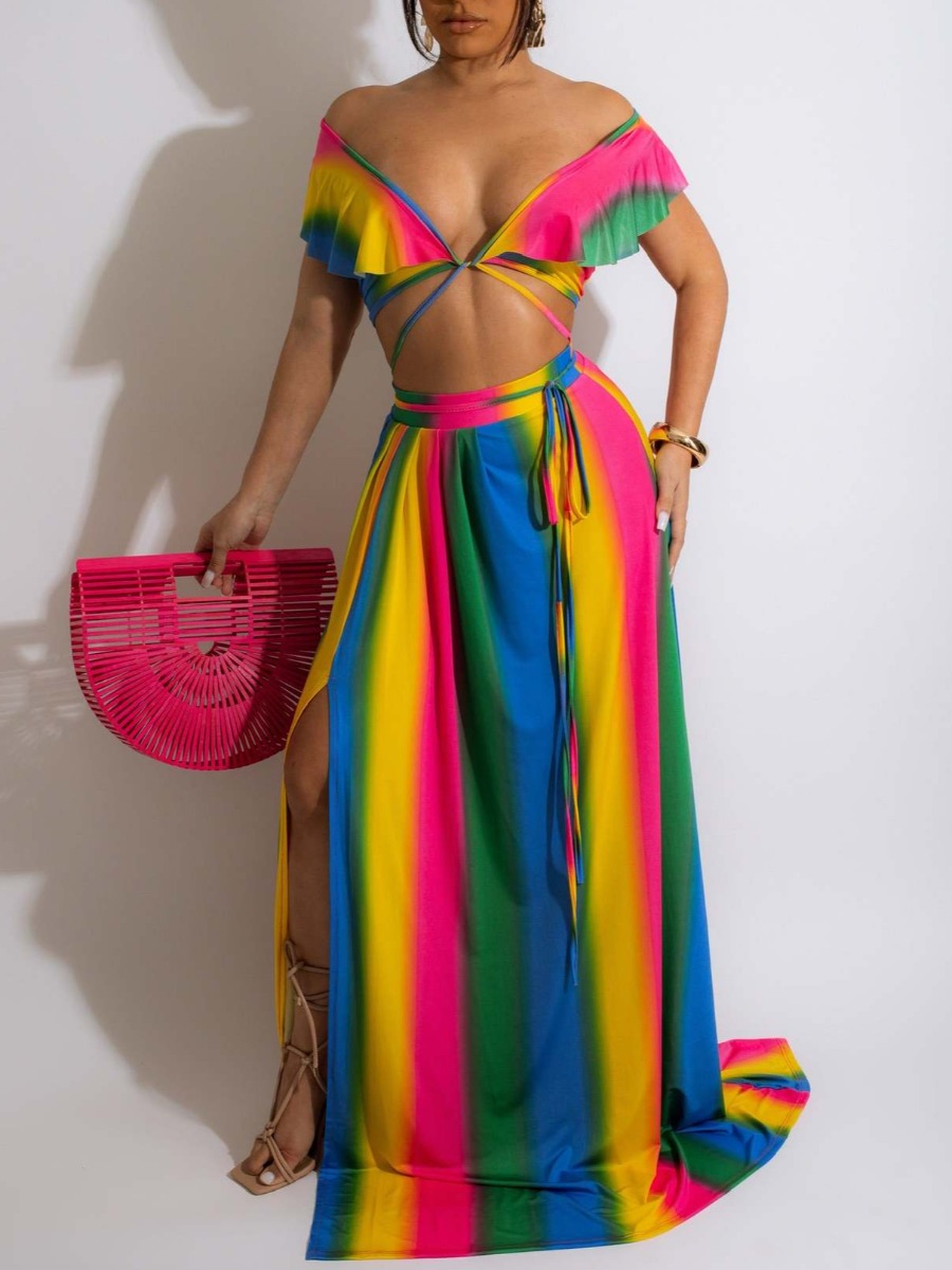 

LW Rainbow Striped Slit Skirt Set, Multi