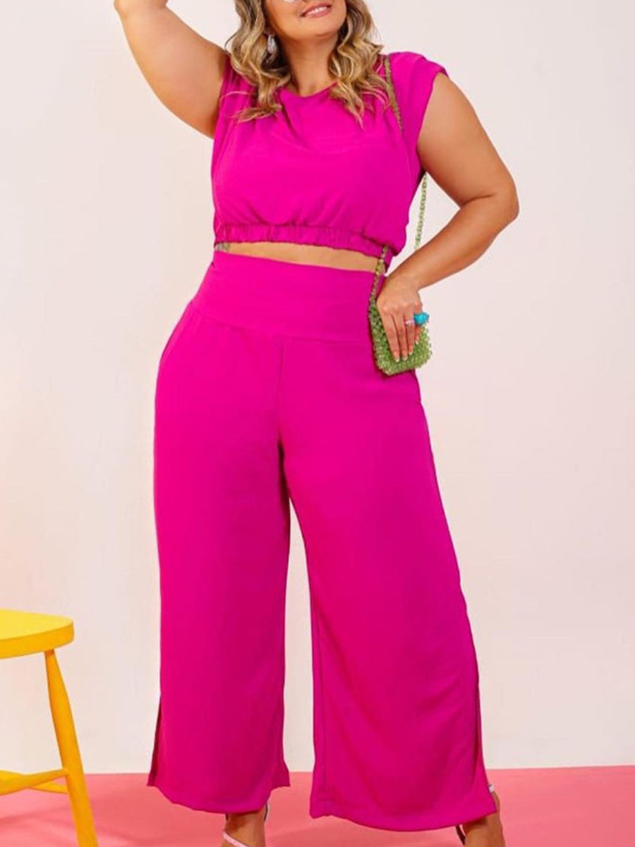 

LW Plus Size Round Neck Regular Fit Pants Set, Rose red