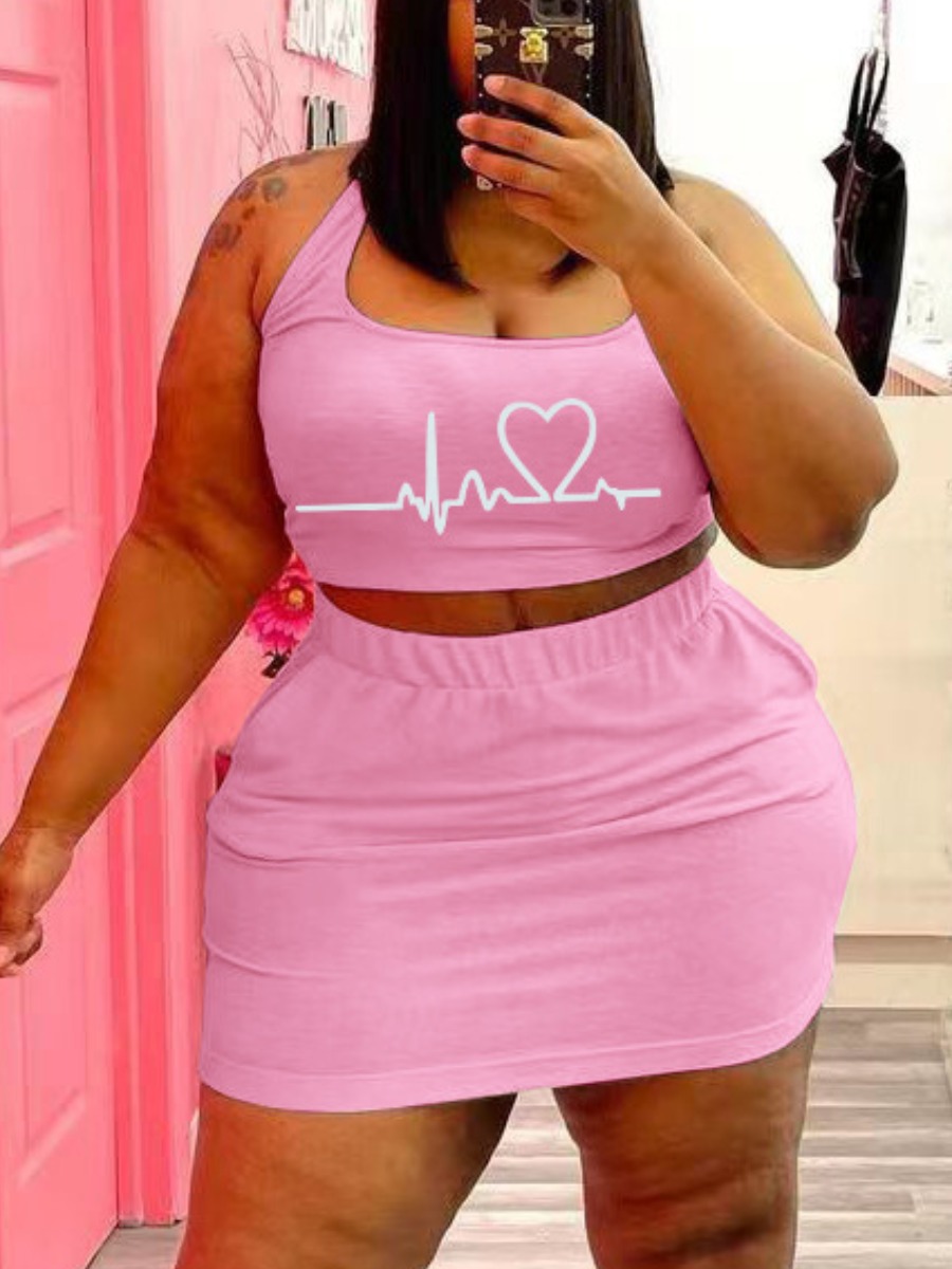 

LW BASICS Plus Size Heart Print Cami Skirt Set, Pink