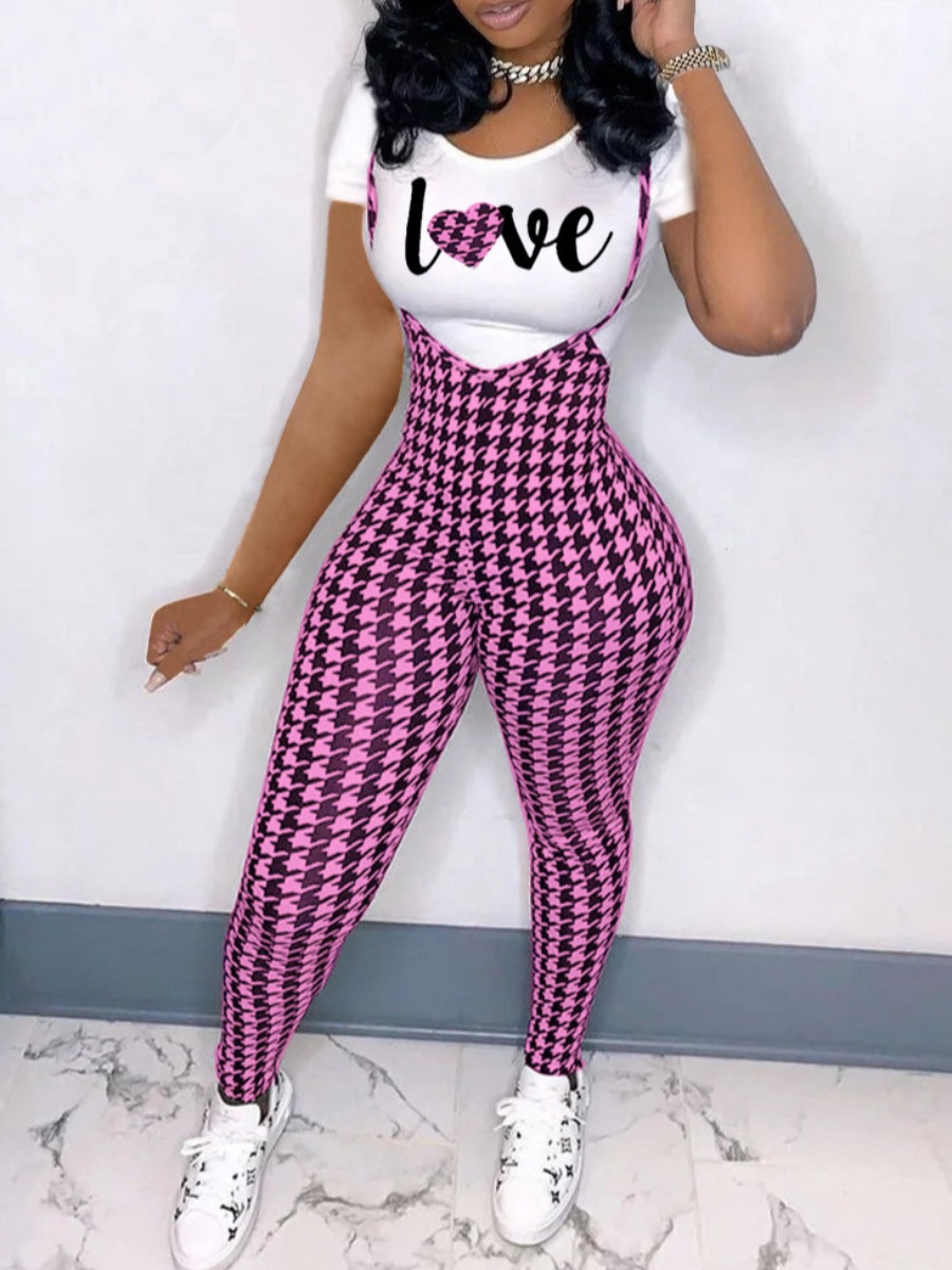 

LW Plus Size Houndstooth Overall Pants Set, Light purple