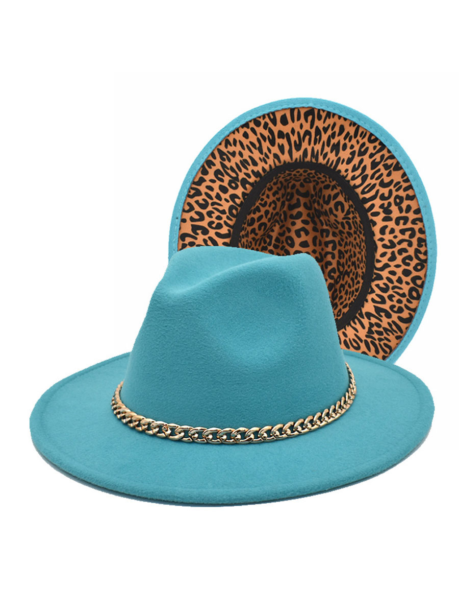 

LW Leopard Print Chain Decor Jazz Hat, Acid blue