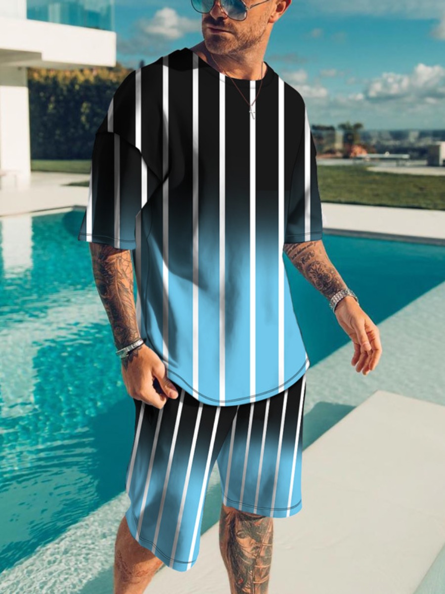 

LW Men Gradient Striped Shorts Set, Canal blue