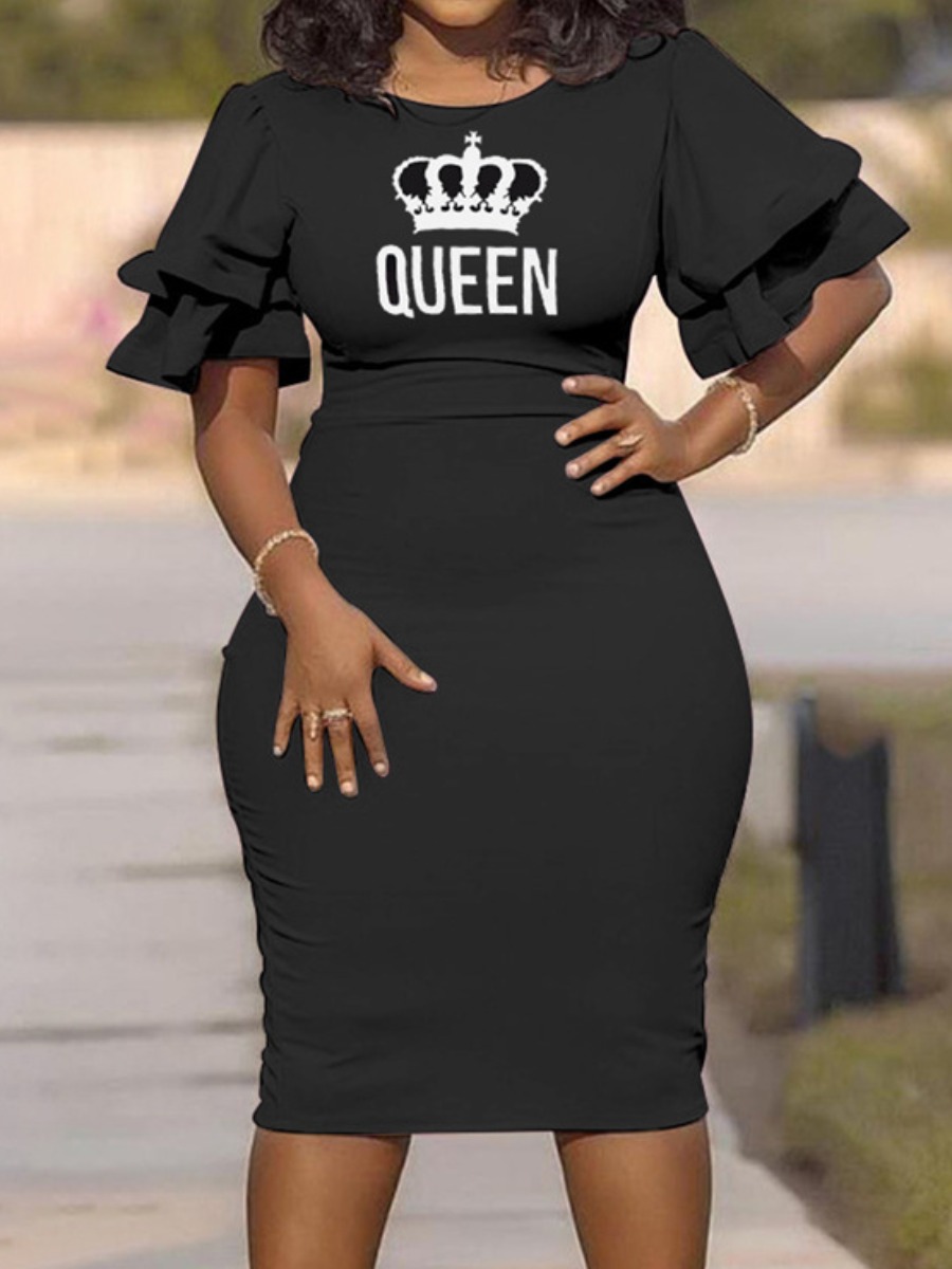 

LW Plus Size Queen Print Flounce Design Dress, Black