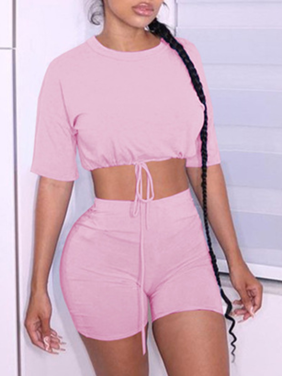 

LW Drawstring Crop Top Shorts Set, Light pink
