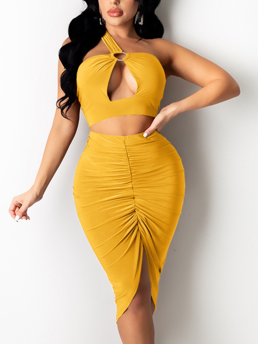 

LW SXY Metal Ring Decor Ruched Skirt Set, Yellow