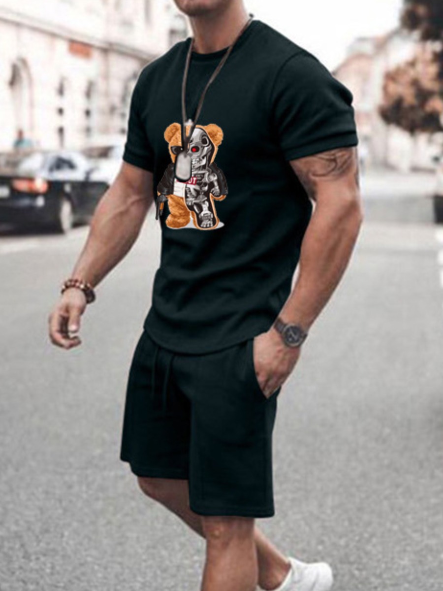 LovelyWholesale Men Cartoon Print Drawstring Shorts Set Summer Short Sleeve Casual Pattern Round Neck Spring Summer 2024