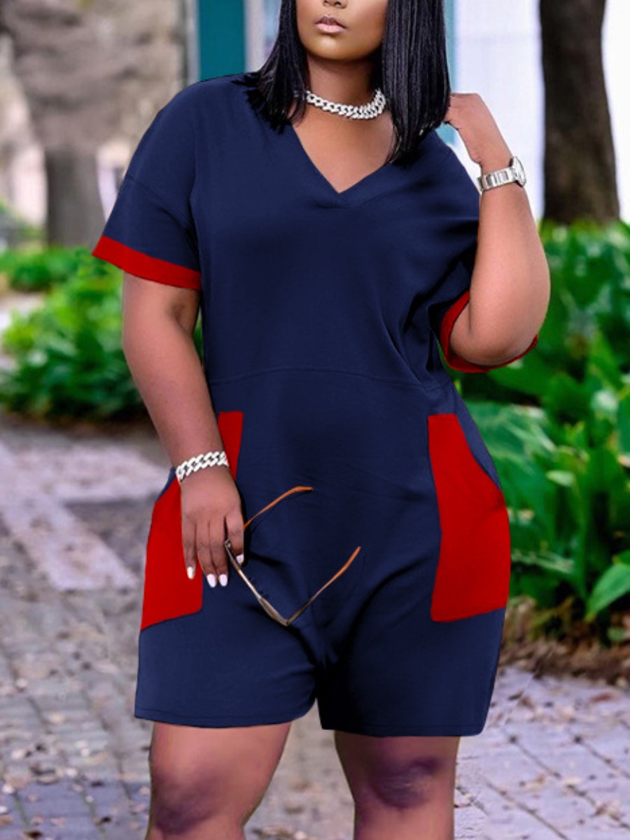 

LW Plus Size V Neck Patchwork Romper, Blue