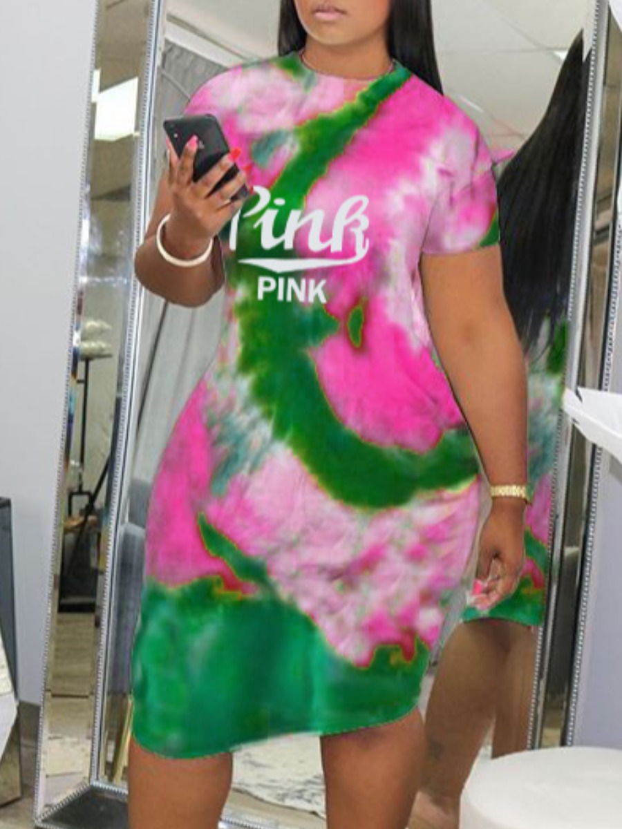 LW Pink Letter Print Tie-dye Dress