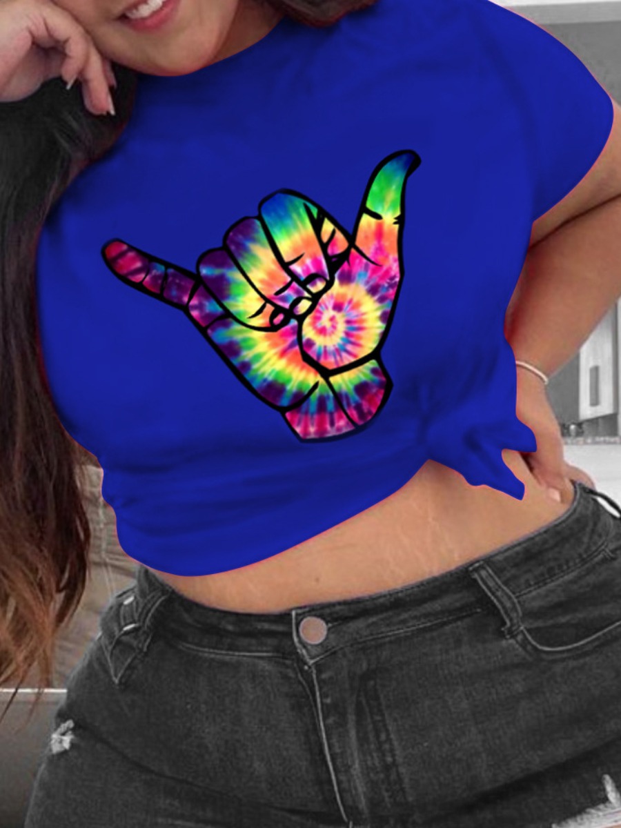 

LW Plus Size Tie-dye Hand Print T-shirt, Royalblue