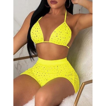 

LW See-through Hot Drilling Decor Bikini Set, Yellow