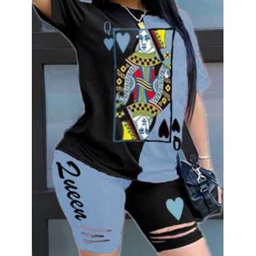 

LW Casual Print Patchwork Carbon Black Two-piece Shorts Set
