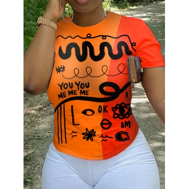 

LW Plus Size Letter Print Patchwork T-shirt, Orange