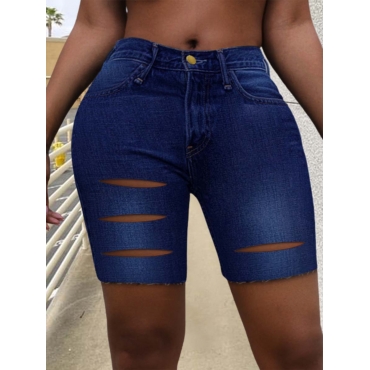 

LW Plus Size Ripped Raw Edge Denim Shorts, Deep blue