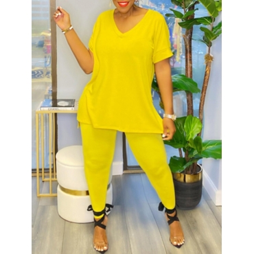 

LW BASICS Plus Size V Neck Side Slit Pants Set, Yellow