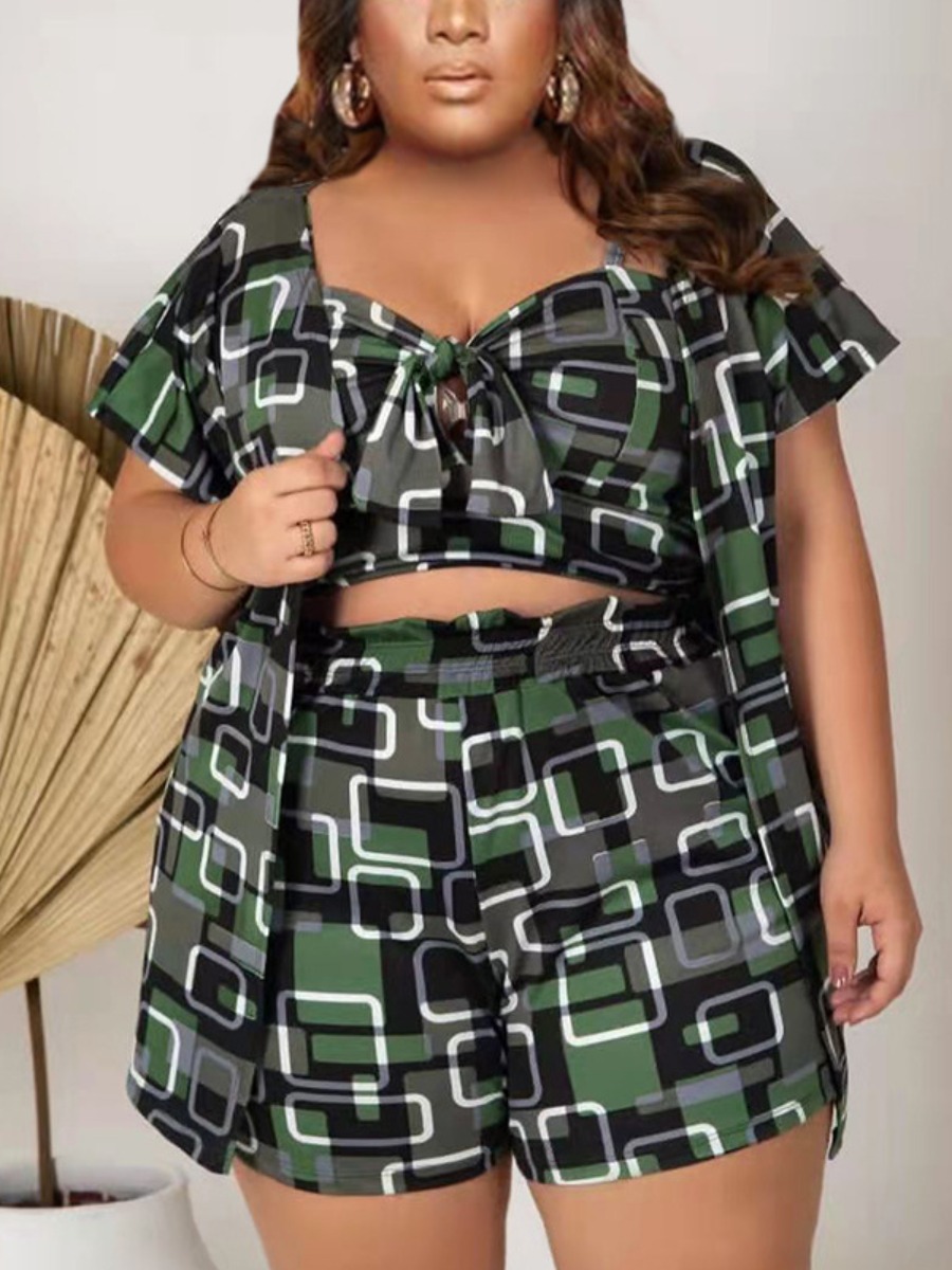 

LW Plus Size Geometric Print Three-piece Shorts Set, Green