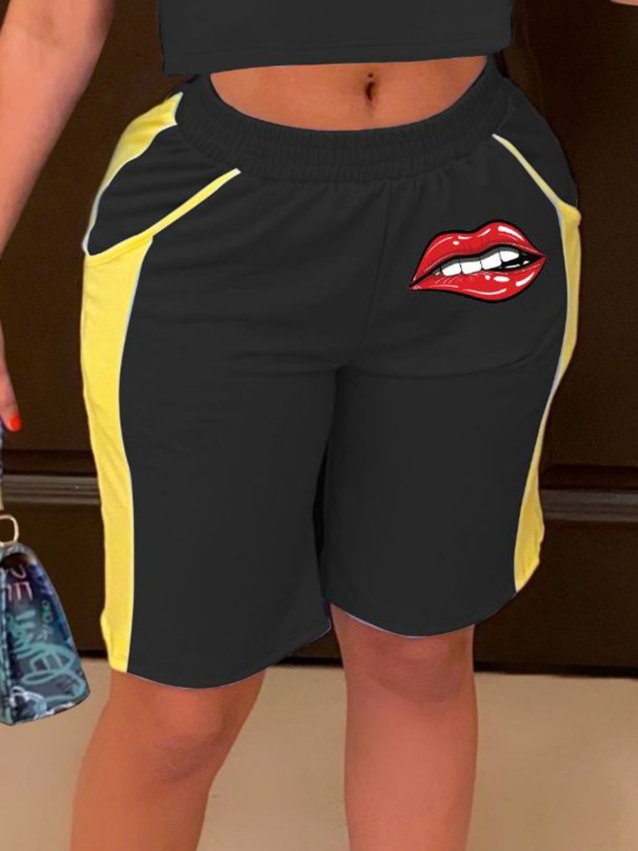

LW Mid Waist Lip Print Shorts, Black