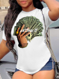 LW Plus Size Casual O Neck Money Print White T-shirt